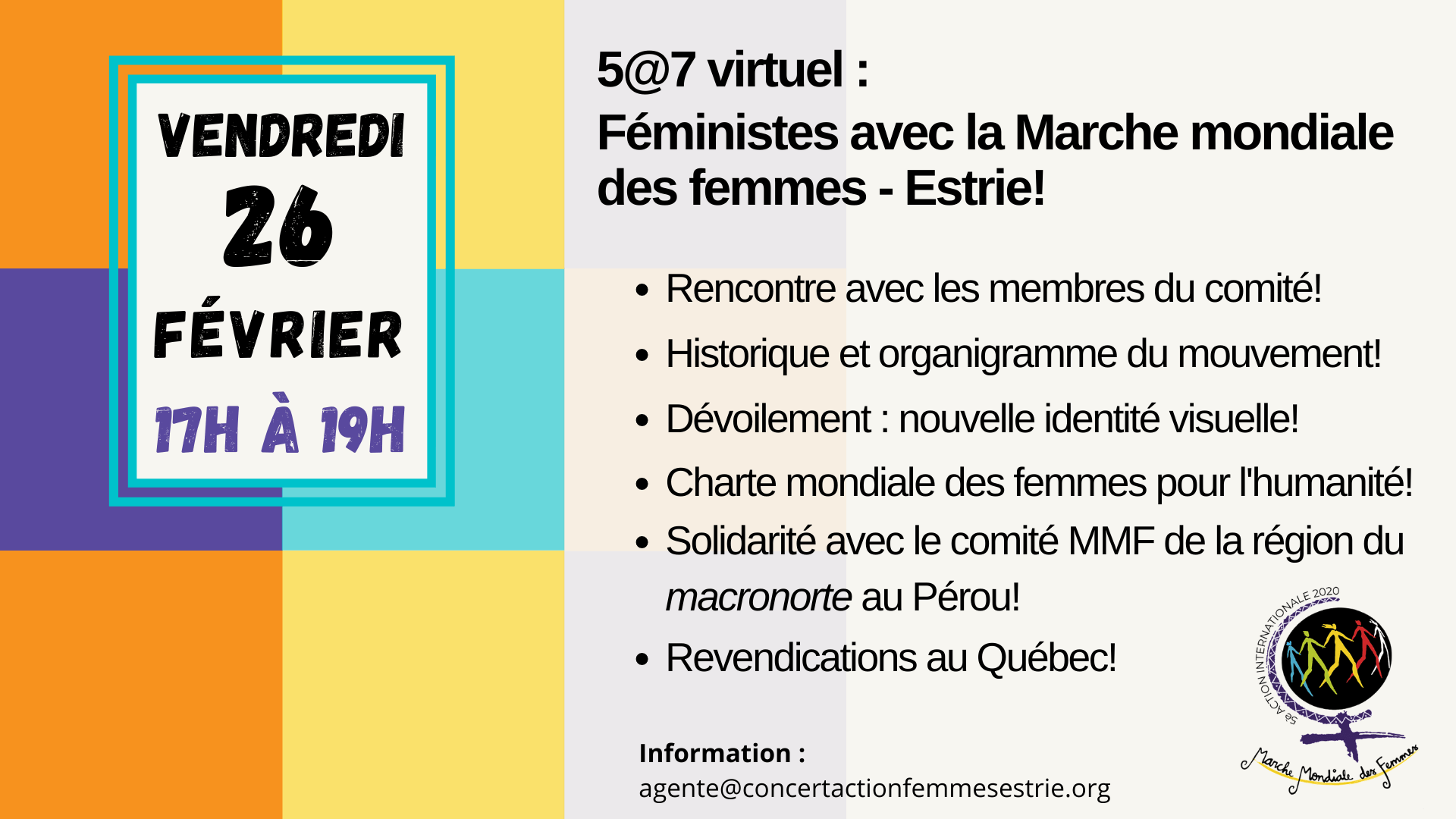 Invitation au 5 a 7 virtuel : Féministes avec les comité Marche mondiale des femmes - Estrie!